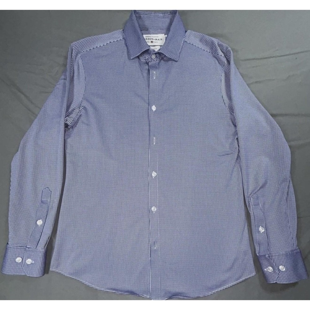 Mizzen+Main Dress Shirt Mens M Blue Gingham Trim Fit American Made Long Sleeve